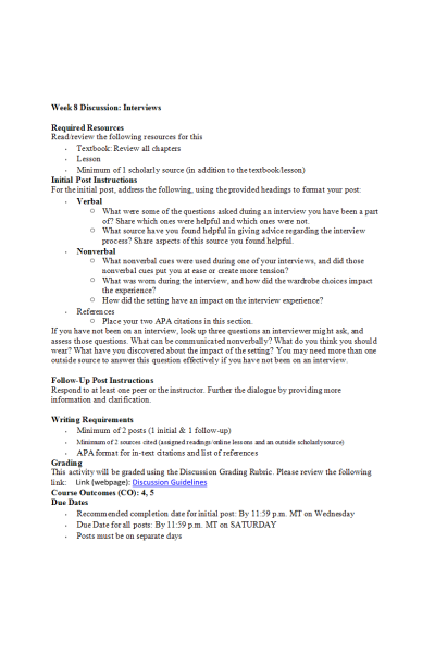 COMM 277 Week 8 Discussion; Interviews