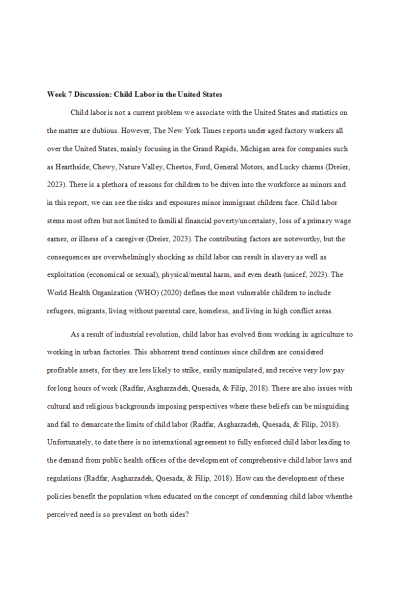 NR 503 Week 7 Discussion; Global and Environmental Health - Child Labor in the United States