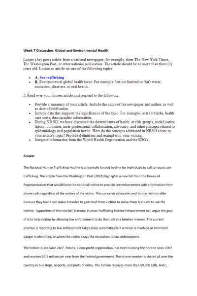 NR 503 Week 7 Discussion; Global and Environmental Health - Sex Trafficking