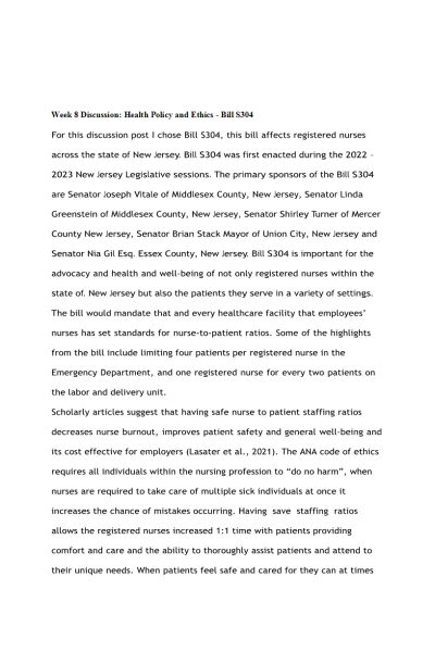 NR 503 Week 8 Discussion; Health Policy and Ethics; Bill S304