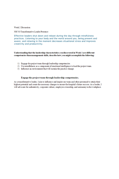 NR 703 Week 2 Discussion; Transformative Leader Presence