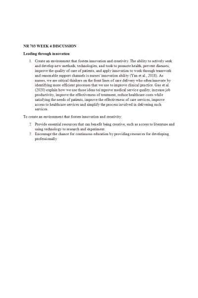 NR 703 Week 4 Discussion; Leading through innovation