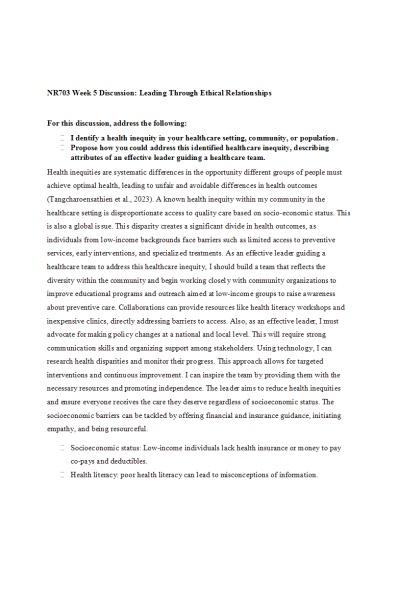 NR 703 Week 5 Discussion; Leading Through Ethical Relationships
