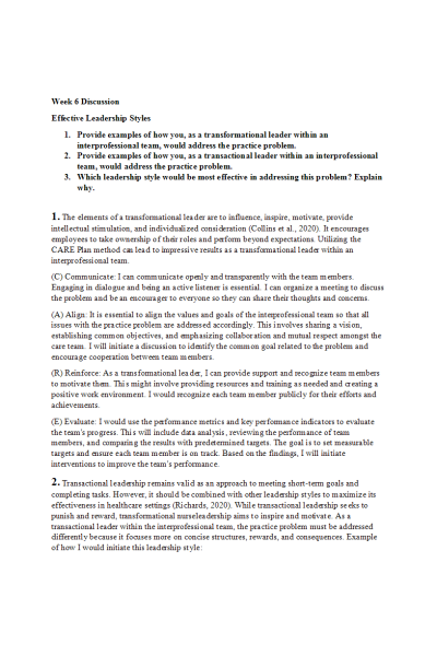 NR 703 Week 6 Discussion; Effective Leadership Styles
