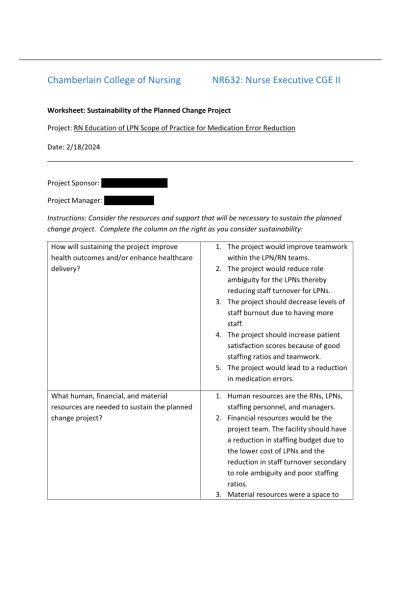 NR 632 Week 6 Assignment; Sustainability of the Planned Change Project Worksheet