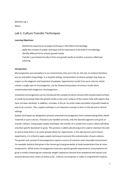 BIOS 242 Week 1 Assignment; Lab 1 of 14 Onsite - Culture Transfer Techniques