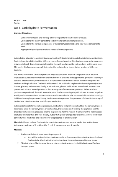 BIOS 242 Week 3 Assignment; Lab 6 of 14 Onsite; Carbohydrate Fermentation