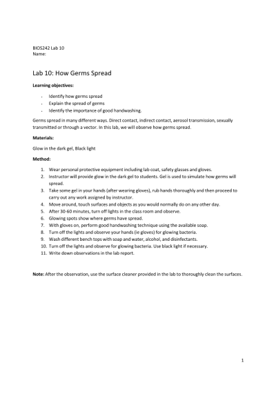 BIOS 242 Week 5 Assignment; Lab 10 of 14 Onsite; How Germs Spread