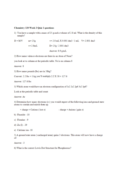 CHEM 120 Week 2 Review Quiz