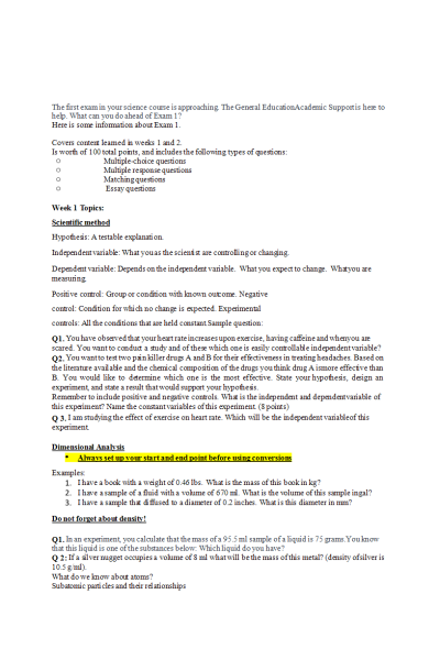 CHEM 120 Week 3 Exam 1 - Information