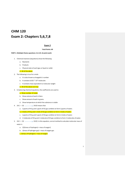 CHEM 120 Week 5 Exam 2 (Units 3 and 4) Answer key