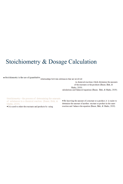 CHEM 120 Week 7 Assignment; Group Project - Relating Stoichiometry & Dosage Calculation (CO 4)