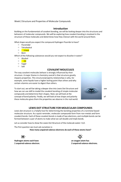 CHEM 120 Week 2 Concepts; Understanding the Structure and Naming of Molecules