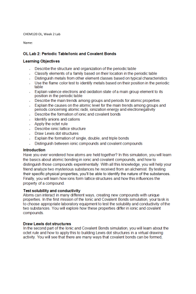 CHEM 120 Week 2 Virtual Lab; Part I, Part II, Part III