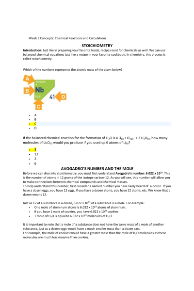 CHEM 120 Week 3 Concepts; Chemical Reactions and Calculations