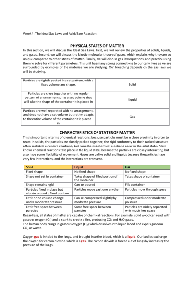 CHEM 120 Week 4 Concepts; The Ideal Gas Laws and Acid-Base Reactions