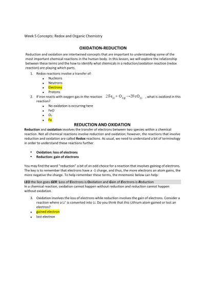 CHEM 120 Week 5 Concepts; Redox and Organic Chemistry