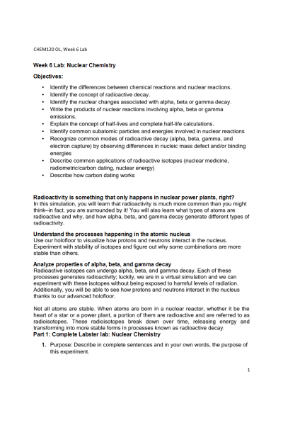 CHEM 120 Week 6 Virtual Lab; Part I, Part II, Part III