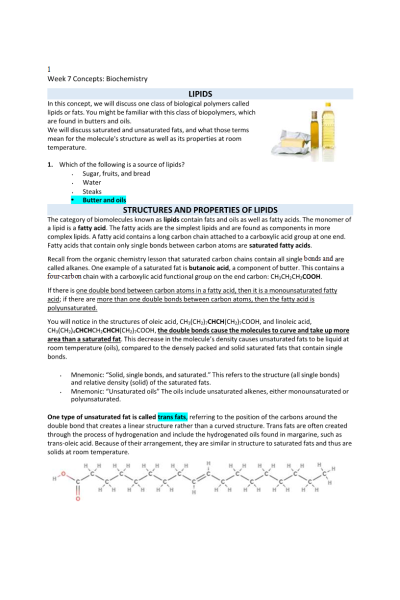 CHEM 120 Week 7 Concepts; Biochemistry