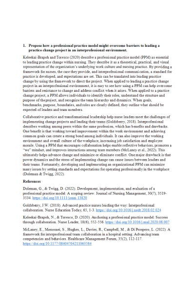 NR 703 Week 3 Discussion: Leading Interprofessional Teams - Propose how a professional practice model might overcome