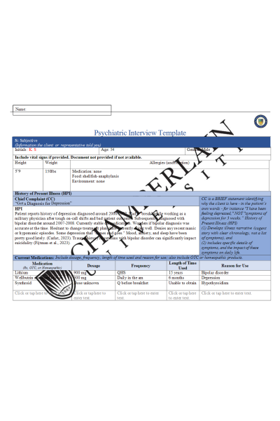 NR 548 Week 6 Psychiatric Interview Documentation Assignment Template (Initials; K