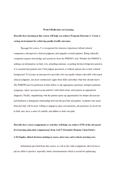 NR 548 Week 8 Assignment; Reflection on Learning