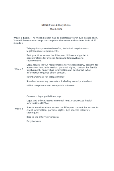 NR 548 Week 8 Exam Study Guide