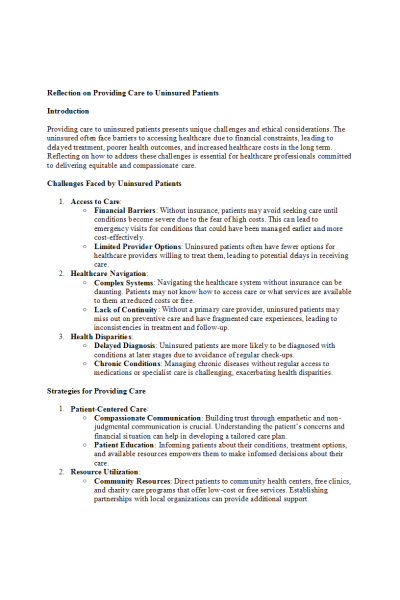 NR 576 Week 1 Reflection on Providing Care to Uninsured Patients