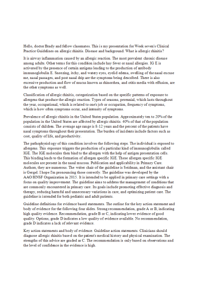 NR 576 Week 7 Assignment; Clinical Practice Guidelines Transcript on Allergic Rhinitis
