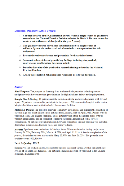 NR 715 Week 4 Discussion & Response; Qualitative Article Critique