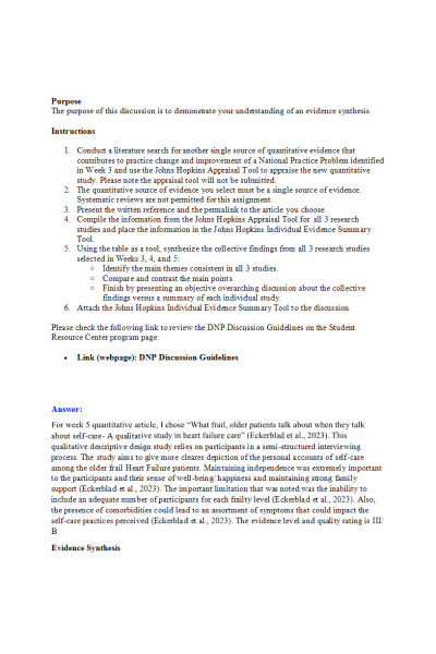 NR 715 Week 5 Discussion & Response; Evidence Synthesis