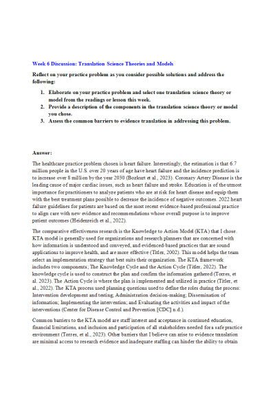 NR 715 Week 6 Discussion & Response; Translation Science Theories and Models