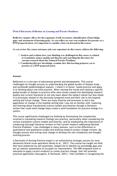 NR 715 Week 8 Discussion; Reflection on Learning and Practice Readiness