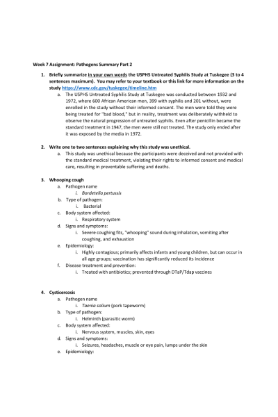 BIOS 242 Week 7 Assignment; Pathogens Summary Part 2
