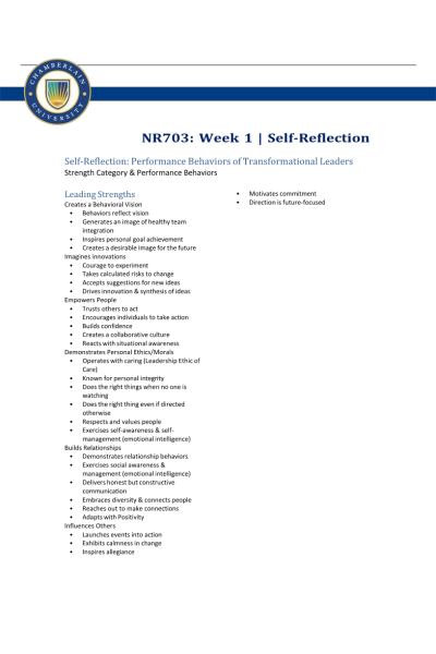 NR 703 Week 1 Self-Reflection; Performance Behaviors of Transformational Leaders
