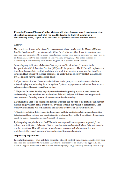 NR 703 Week 3 Discussion; Leading Interprofessional Teams - Using the Thomas-Kilmann Conflict Mode model