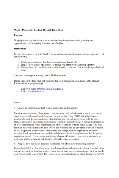 NR 703 Week 4 Discussion; Leading Through Innovation - All Answered