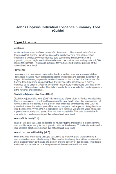 NR 703 Week 7 Assignment Table 2; Johns Hopkins Individual Evidence Summary Tool