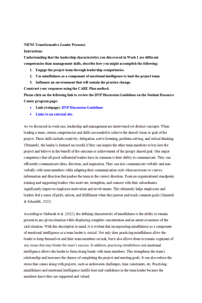 NR 703 Week 2 Discussion; Transformative Leader Presence