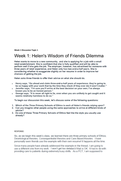 ETHC 445N Week 1 Discussion Topic 1; Helen s Wisdom of Friends Dilemma