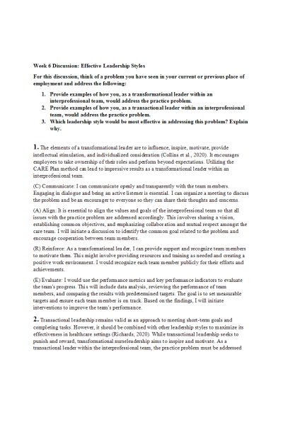 NR 703 Week 6 Discussion; Effective Leadership Styles