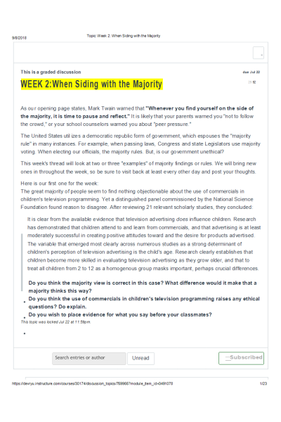 ETHC 445N Week 2 Discussion Topic 1; When Siding with the Majority