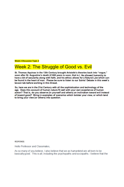 ETHC 445N Week 2 Discussion Topic 2; The Struggle of Good vs