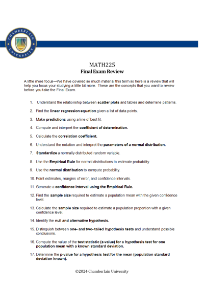 MATH 225 Week 8 Final Exam Review