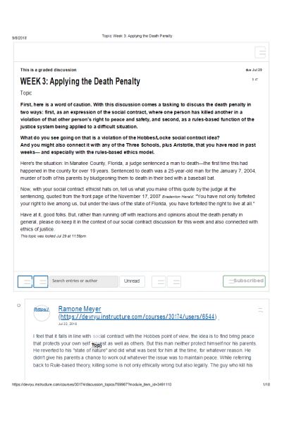 ETHC 445N Week 3 Discussion Topic 1; Applying the Death Penalty