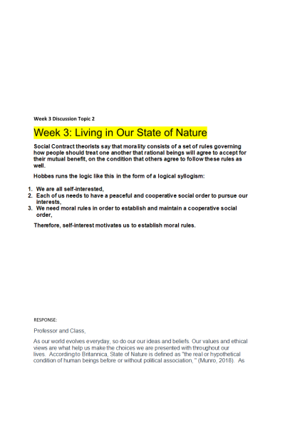 ETHC 445N Week 3 Discussion Topic 2; Living in Our State of Nature