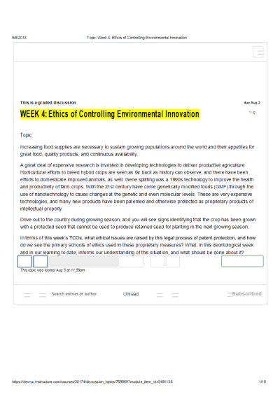 ETHC 445N Week 4 Discussion Topic 1; Ethics of Controlling Environmental Innovation