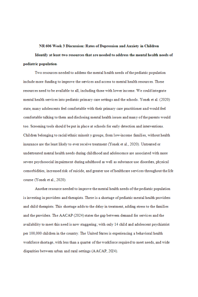 NR 606 Week 3 Discussion; Rates of Depression and Anxiety in Children