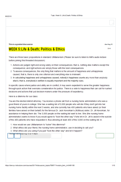 ETHC 445N Week 5 Discussion Topic 1; Life & Death; Politics & Ethics
