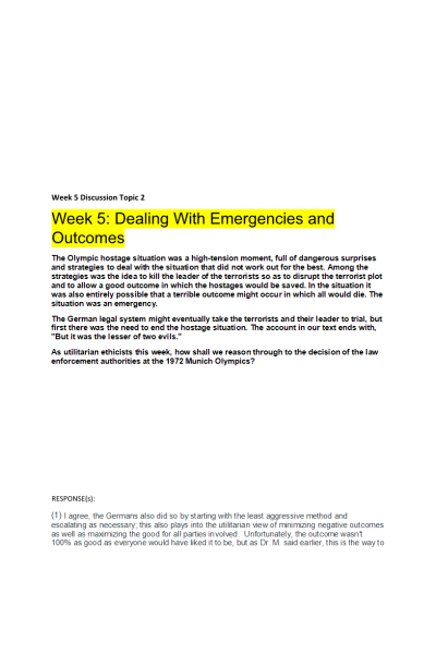 ETHC 445N Week 5 Discussion Topic 2; Dealing With Emergencies and Outcomes